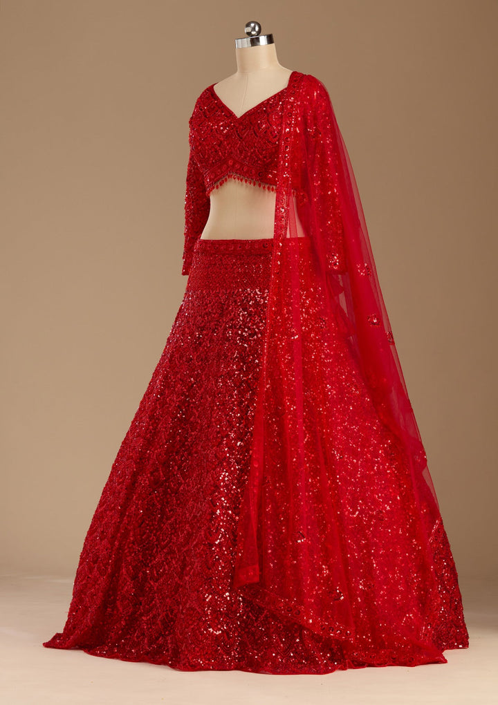 Red Sequins Net Readymade Lehenga-koskii