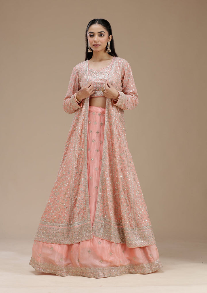 Light Peach Zariwork (Gold) Semi Crepe Readymade Lehenga-koskii