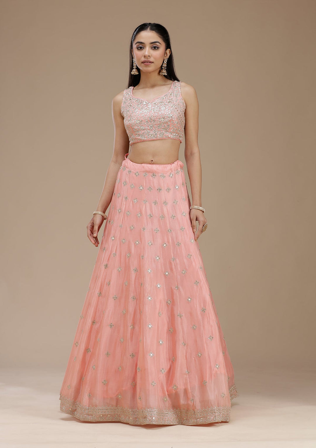 Light Peach Zariwork (Gold) Semi Crepe Readymade Lehenga-koskii