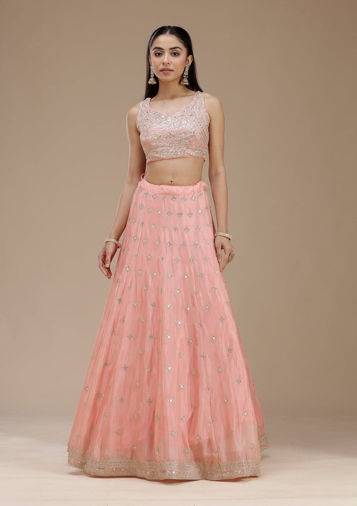 Light Peach Zariwork (Gold) Semi Crepe Readymade Lehenga-koskii