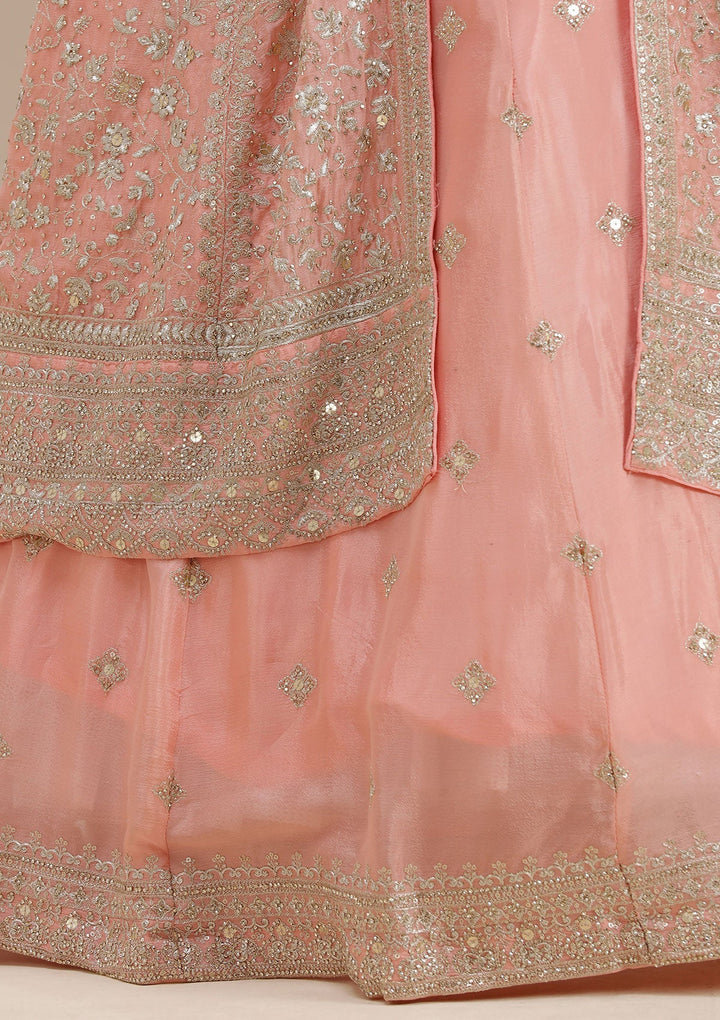 Light Peach Zariwork (Gold) Semi Crepe Readymade Lehenga-koskii