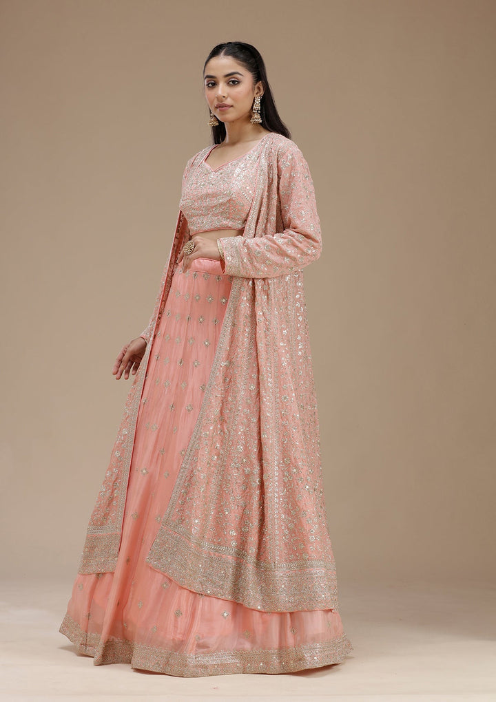 Light Peach Zariwork (Gold) Semi Crepe Readymade Lehenga-koskii