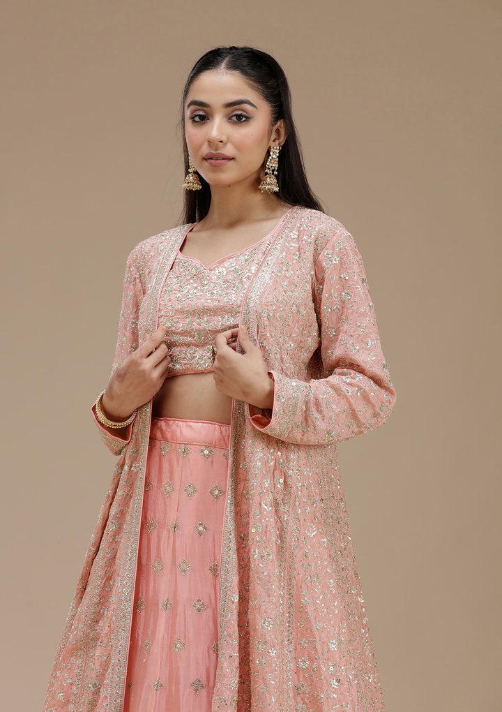 Light Peach Zariwork (Gold) Semi Crepe Readymade Lehenga-koskii