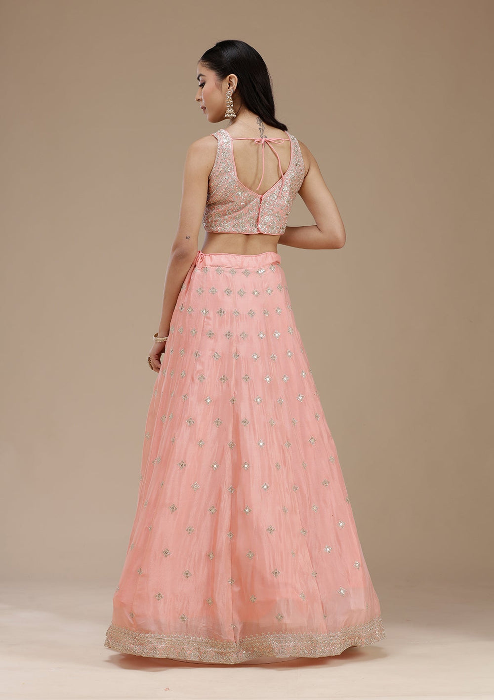 Light Peach Zariwork (Gold) Semi Crepe Readymade Lehenga-koskii