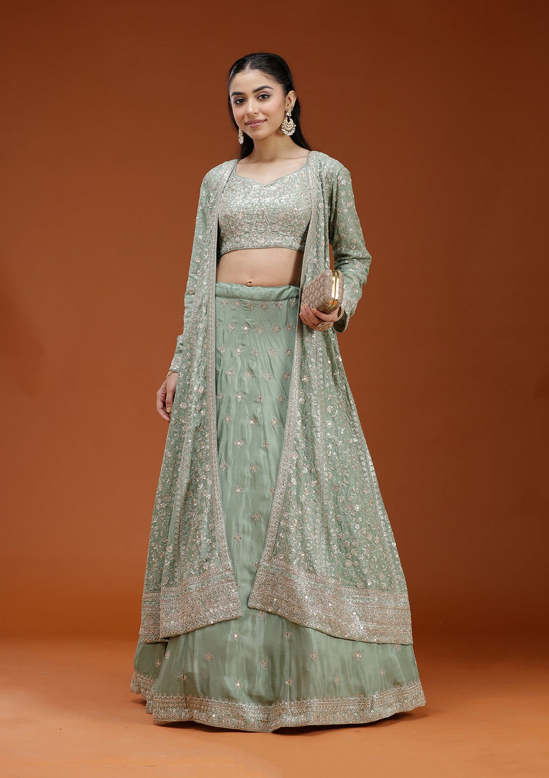 Pista Green Zariwork (Gold) Semi Crepe Readymade Lehenga-koskii