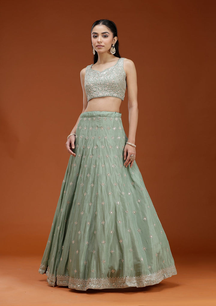 Pista Green Zariwork (Gold) Semi Crepe Readymade Lehenga-koskii