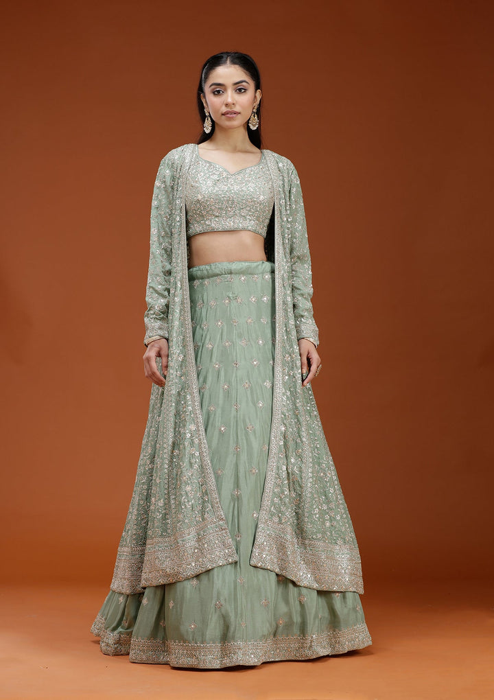 Pista Green Zariwork (Gold) Semi Crepe Readymade Lehenga-koskii