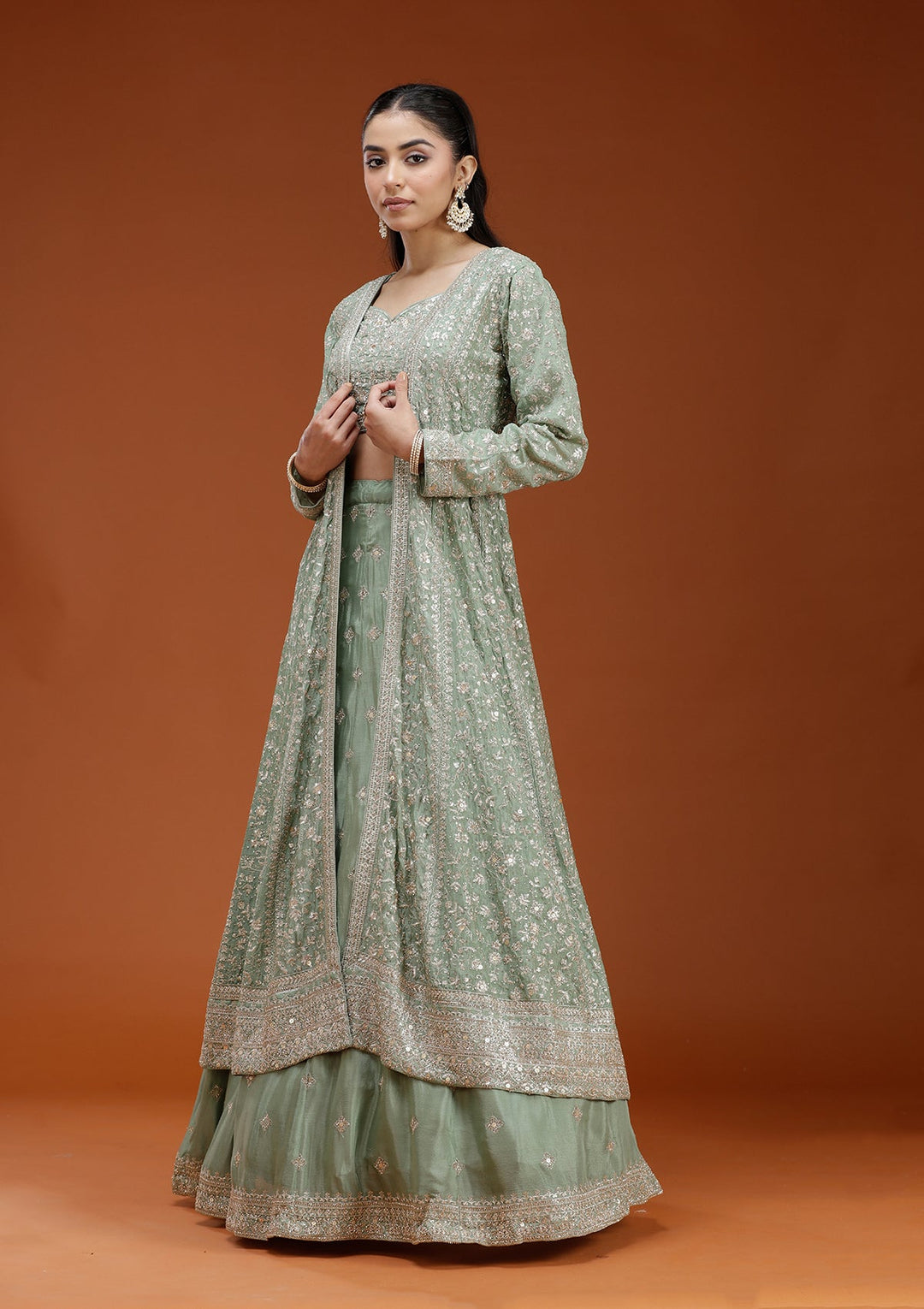 Pista Green Zariwork (Gold) Semi Crepe Readymade Lehenga-koskii