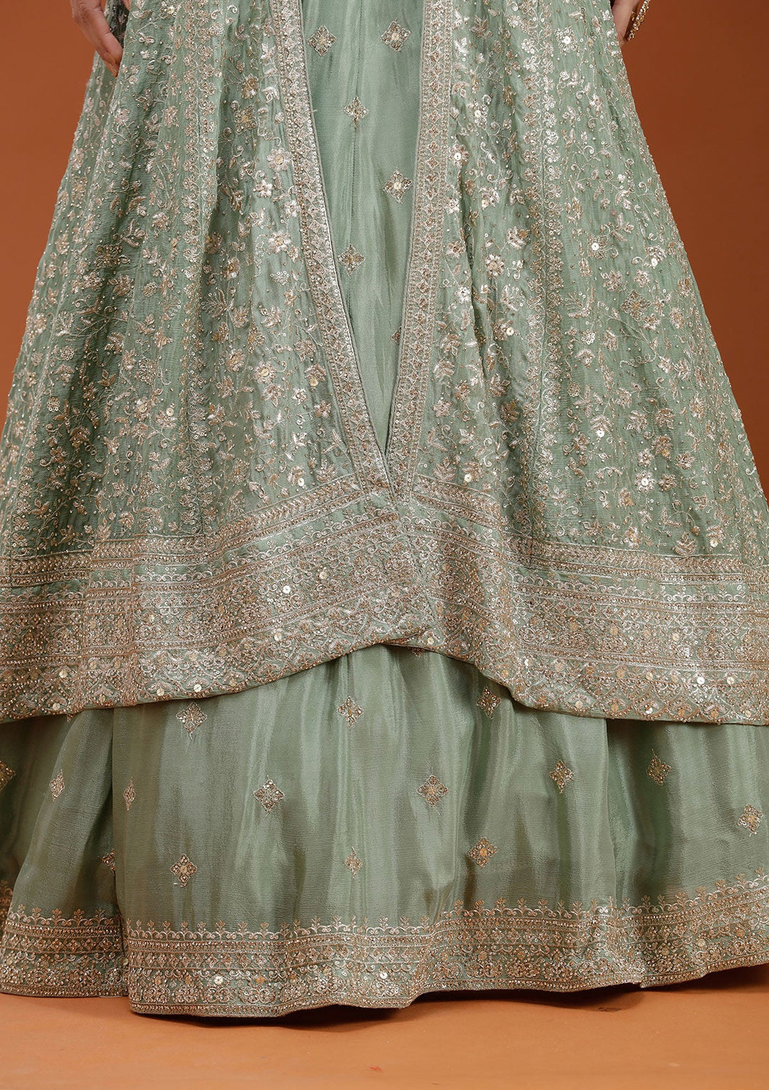 Pista Green Zariwork (Gold) Semi Crepe Readymade Lehenga-koskii