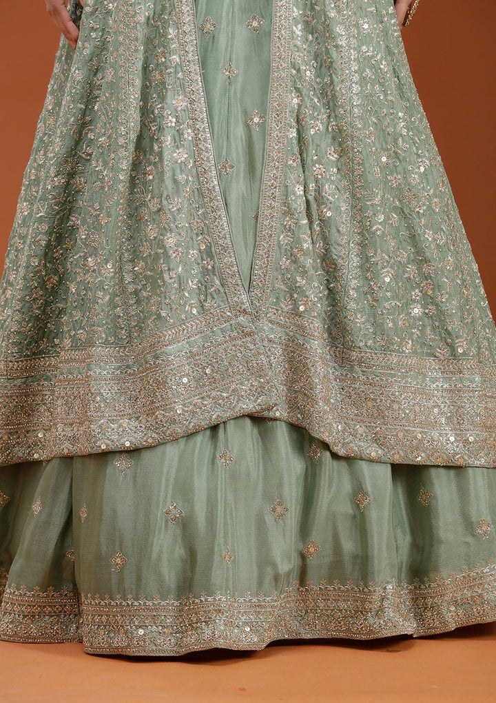 Pista Green Zariwork (Gold) Semi Crepe Readymade Lehenga-koskii
