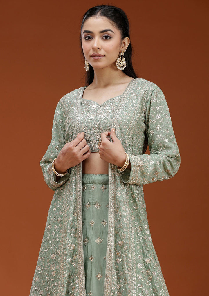 Pista Green Zariwork (Gold) Semi Crepe Readymade Lehenga-koskii
