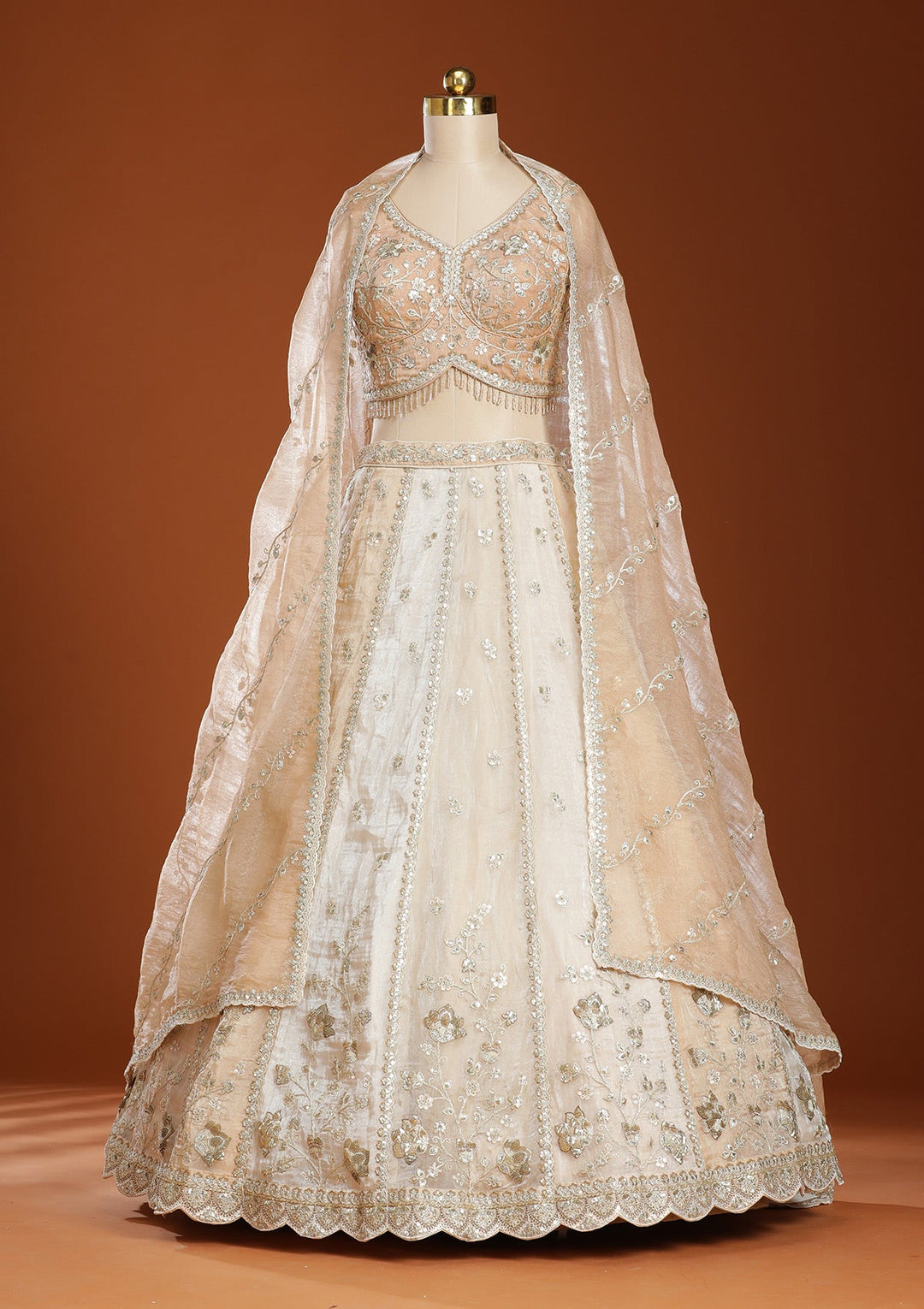 Off White Zariwork Organza Readymade Lehenga-koskii