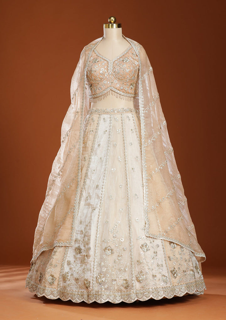 Off White Zariwork Organza Semi-Stitched Lehenga