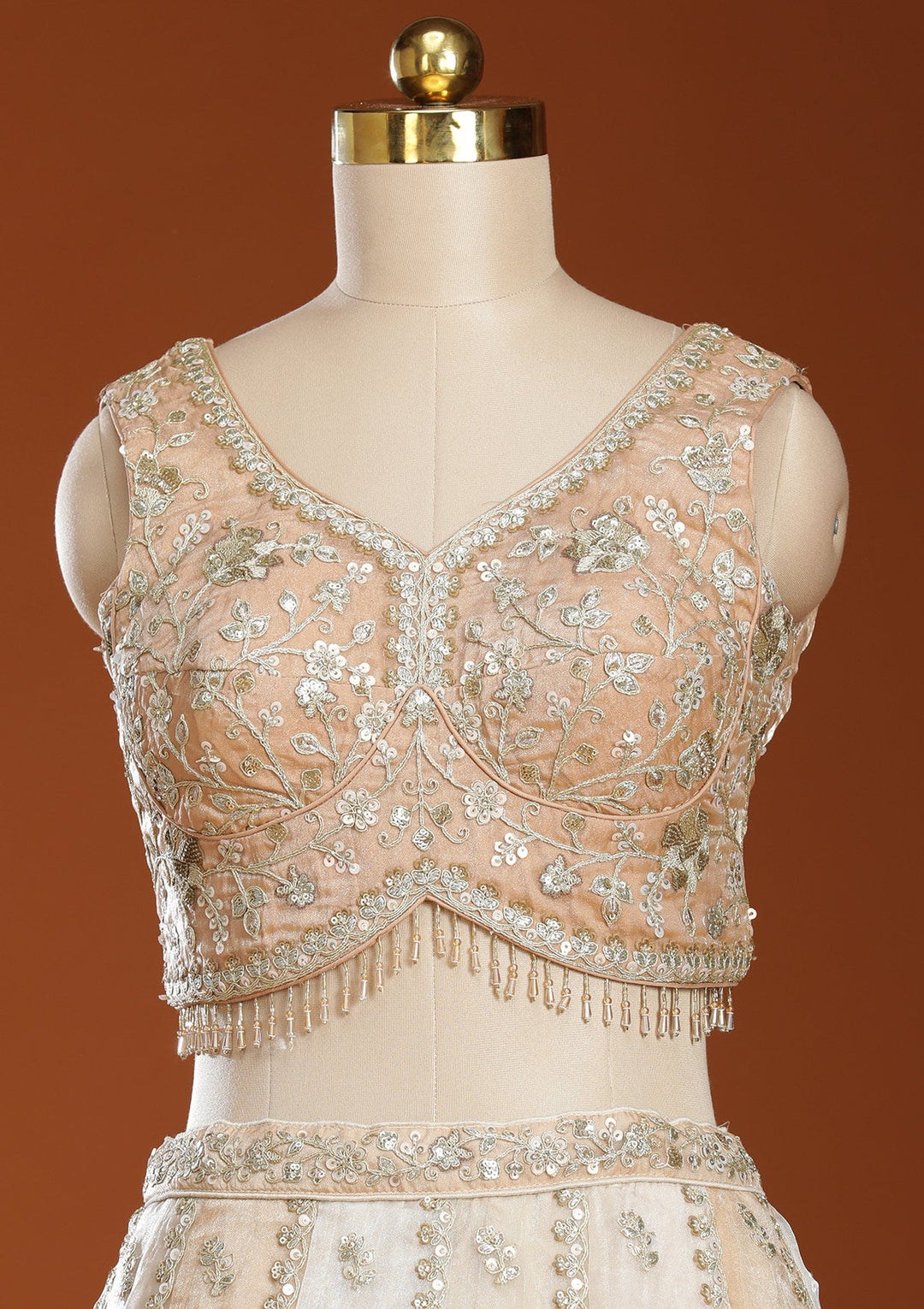 Off White Zariwork Organza Semi-Stitched Lehenga