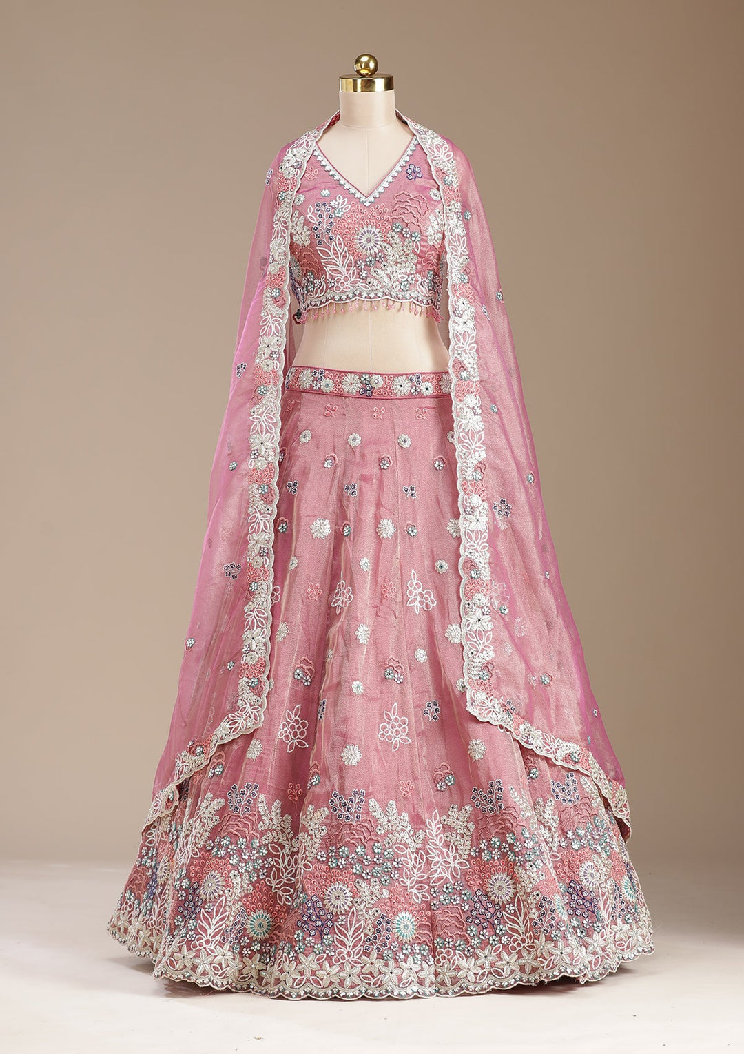 Pink Threadwork Organza Readymade Lehenga-koskii