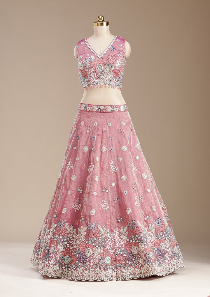 Pink Threadwork Organza Semi-Stitched Lehenga