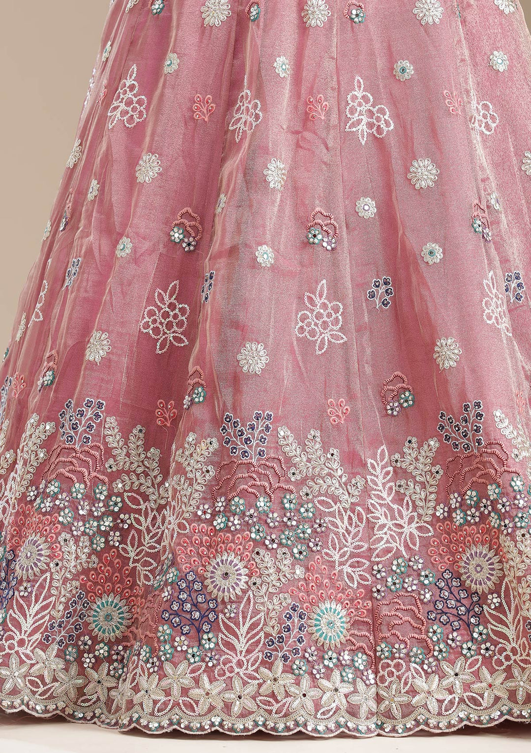 Pink Threadwork Organza Readymade Lehenga-koskii