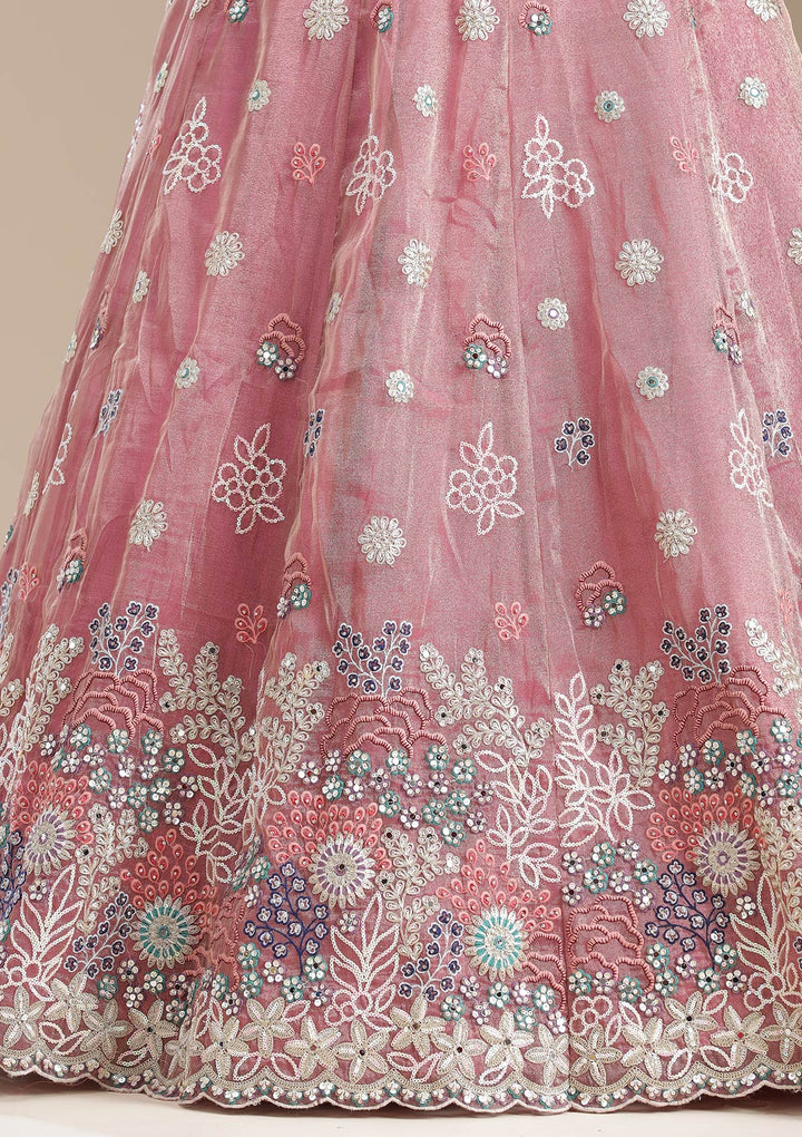 Pink Threadwork Organza Readymade Lehenga-koskii