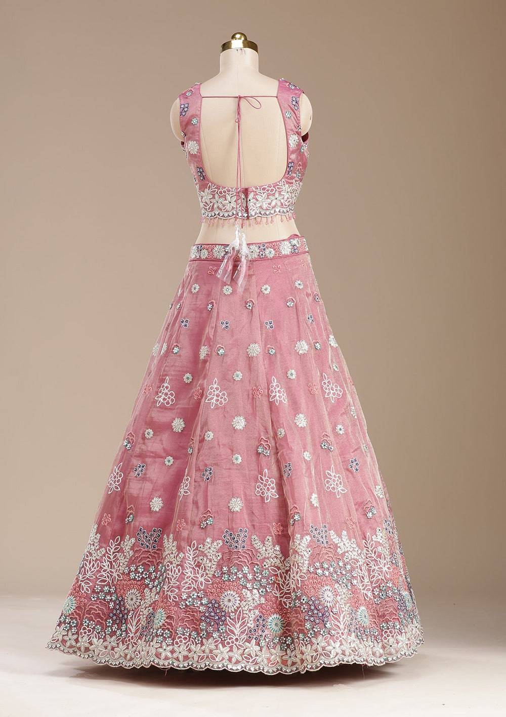 Pink Threadwork Organza Readymade Lehenga-koskii