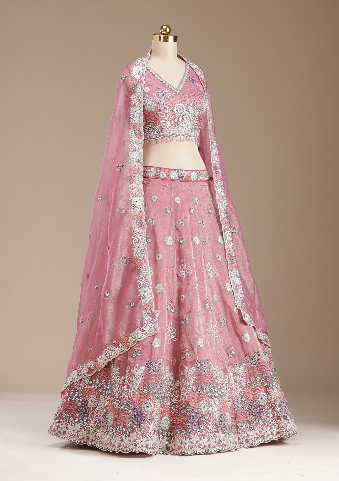 Pink Threadwork Organza Semi-Stitched Lehenga