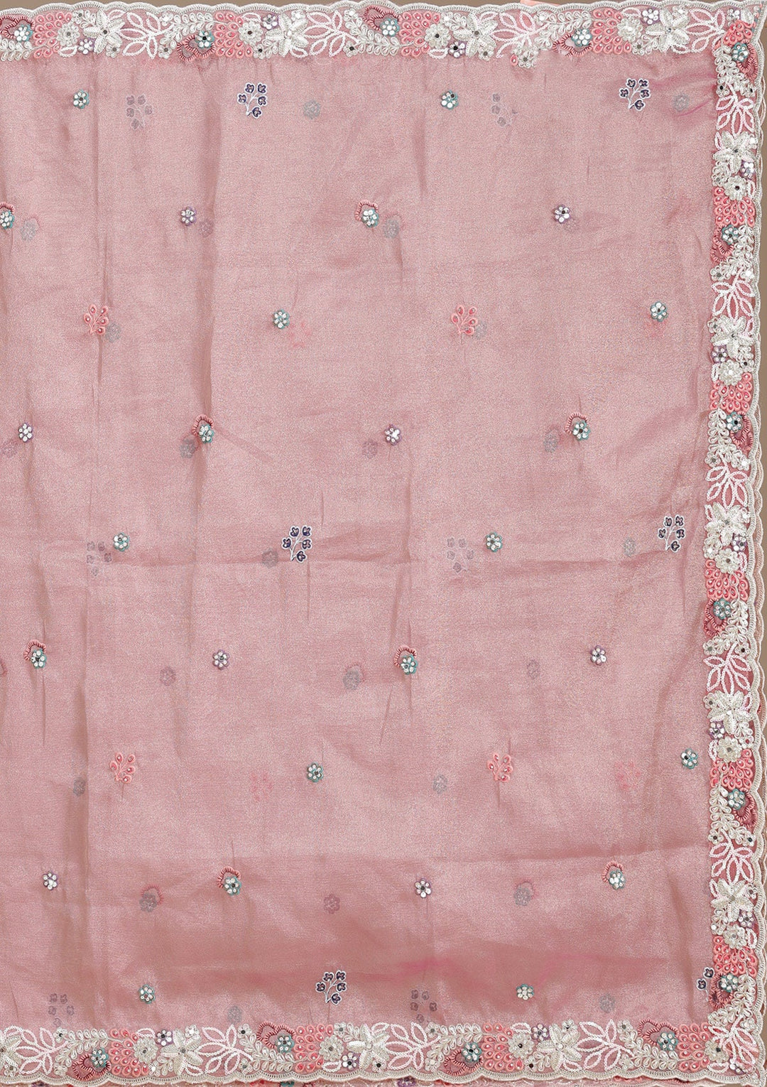 Pink Threadwork Organza Semi-Stitched Lehenga