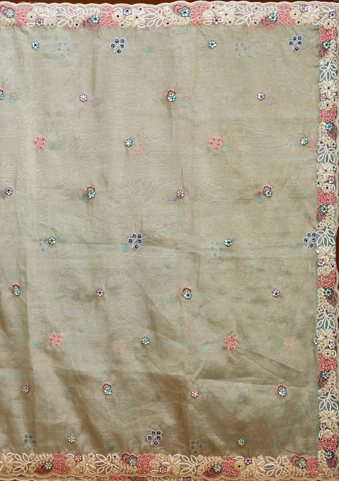 Pista Green Threadwork Organza Readymade Lehenga