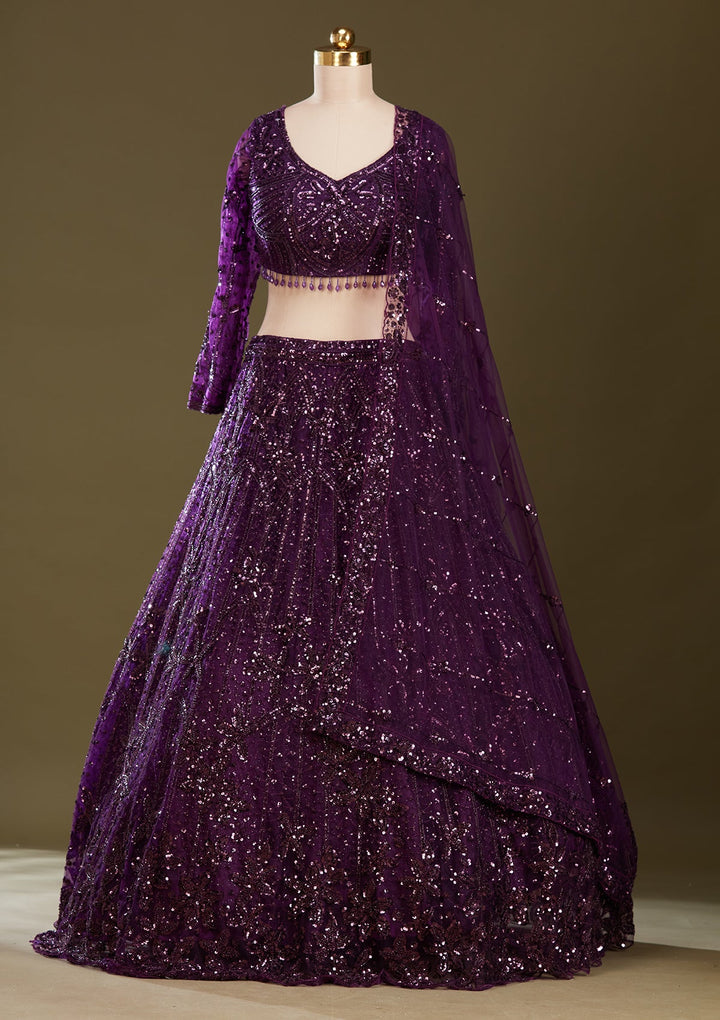 Purple Sequins Net Readymade Lehenga