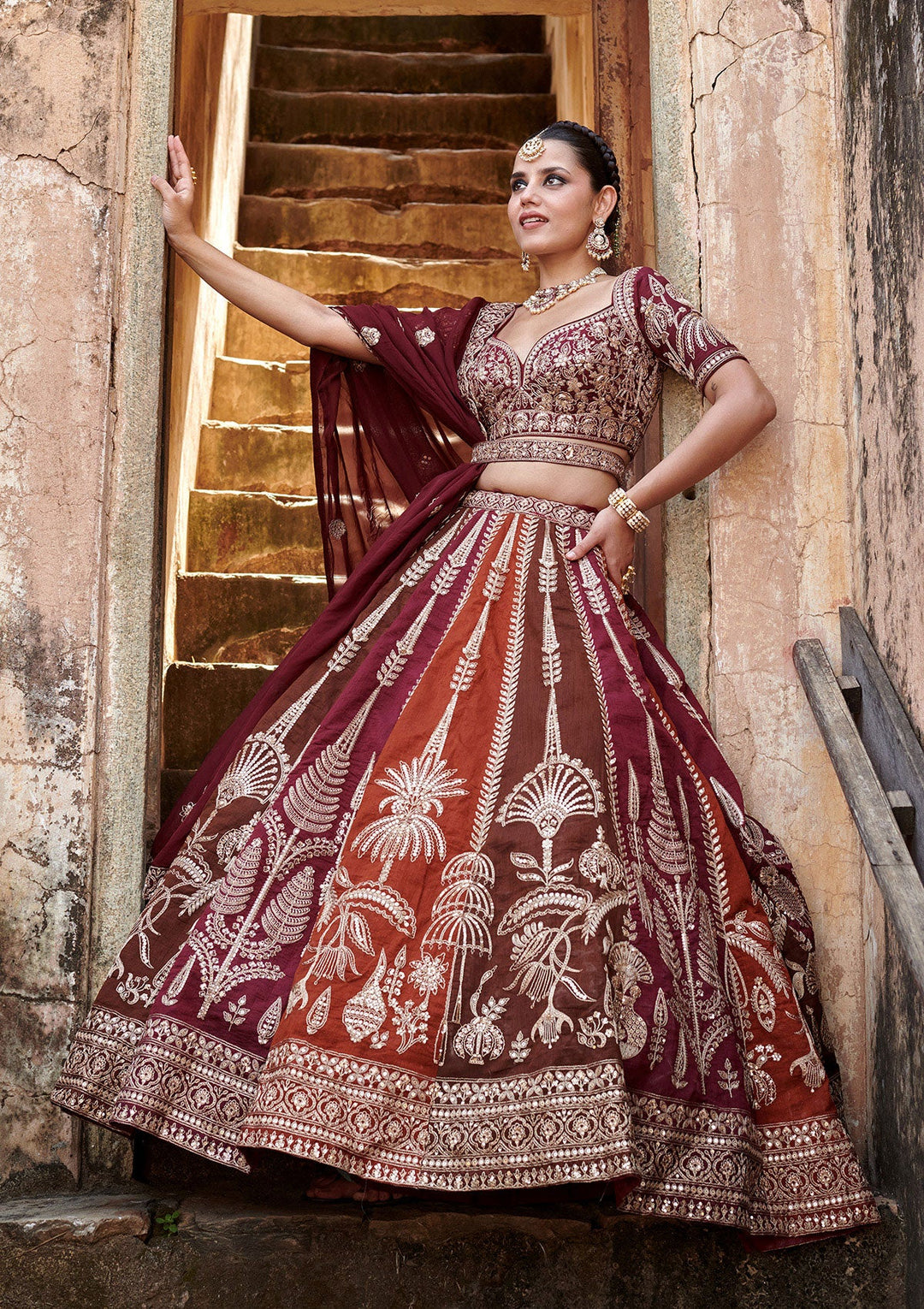 Maroon Cording Raw Silk Readymade Lehenga-koskii