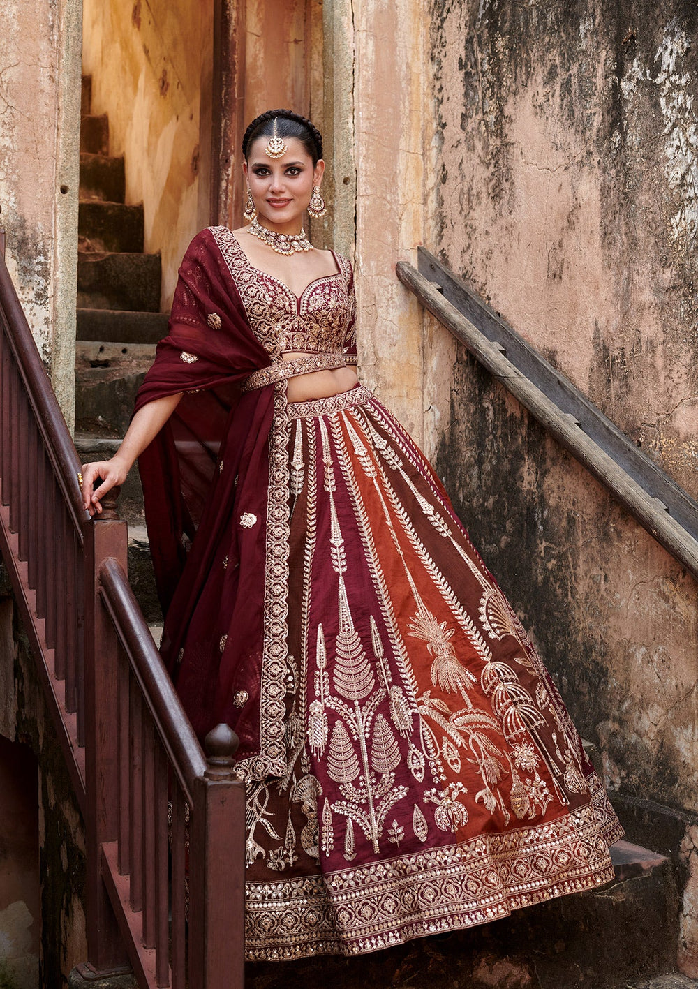 Maroon Cording Raw Silk Readymade Lehenga-koskii