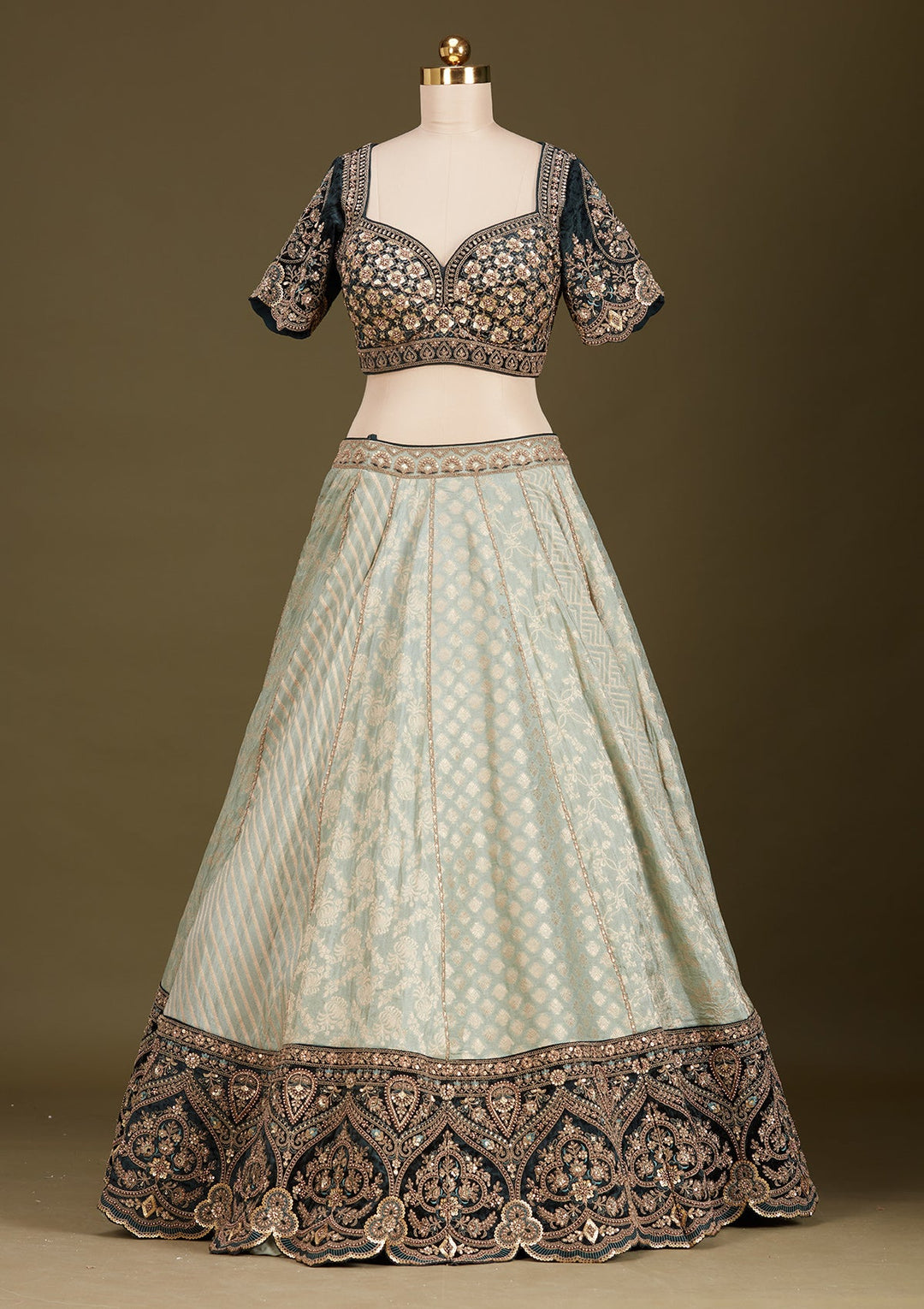 Teal Green Cording Brocade Readymade Lehenga