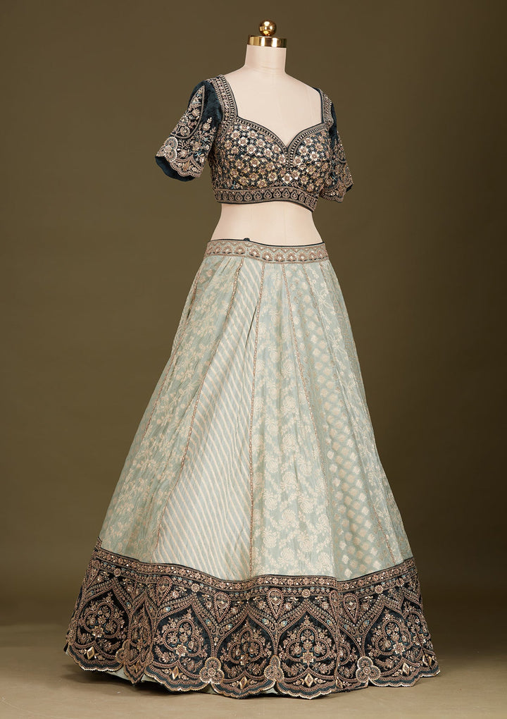 Teal Green Cording Brocade Readymade Lehenga