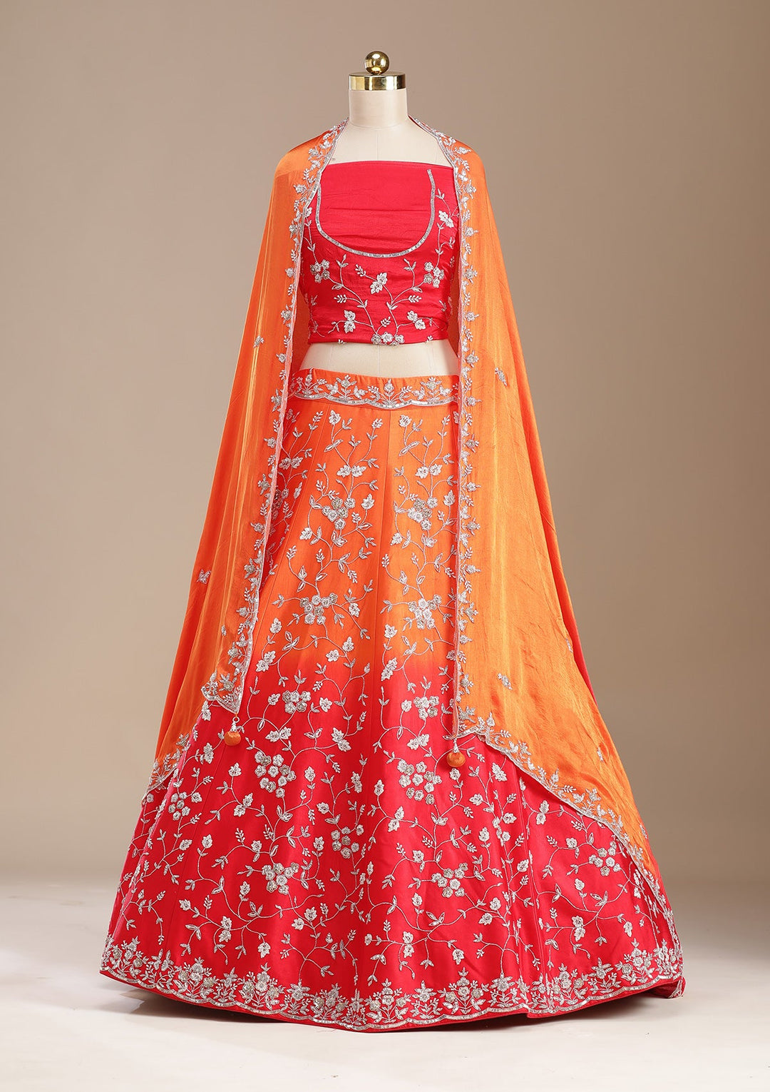 Red Aariwork Semi Crepe Readymade Lehenga-koskii
