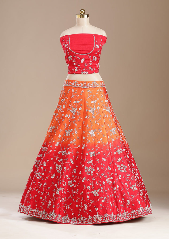 Red Aariwork Semi Crepe Readymade Lehenga-koskii