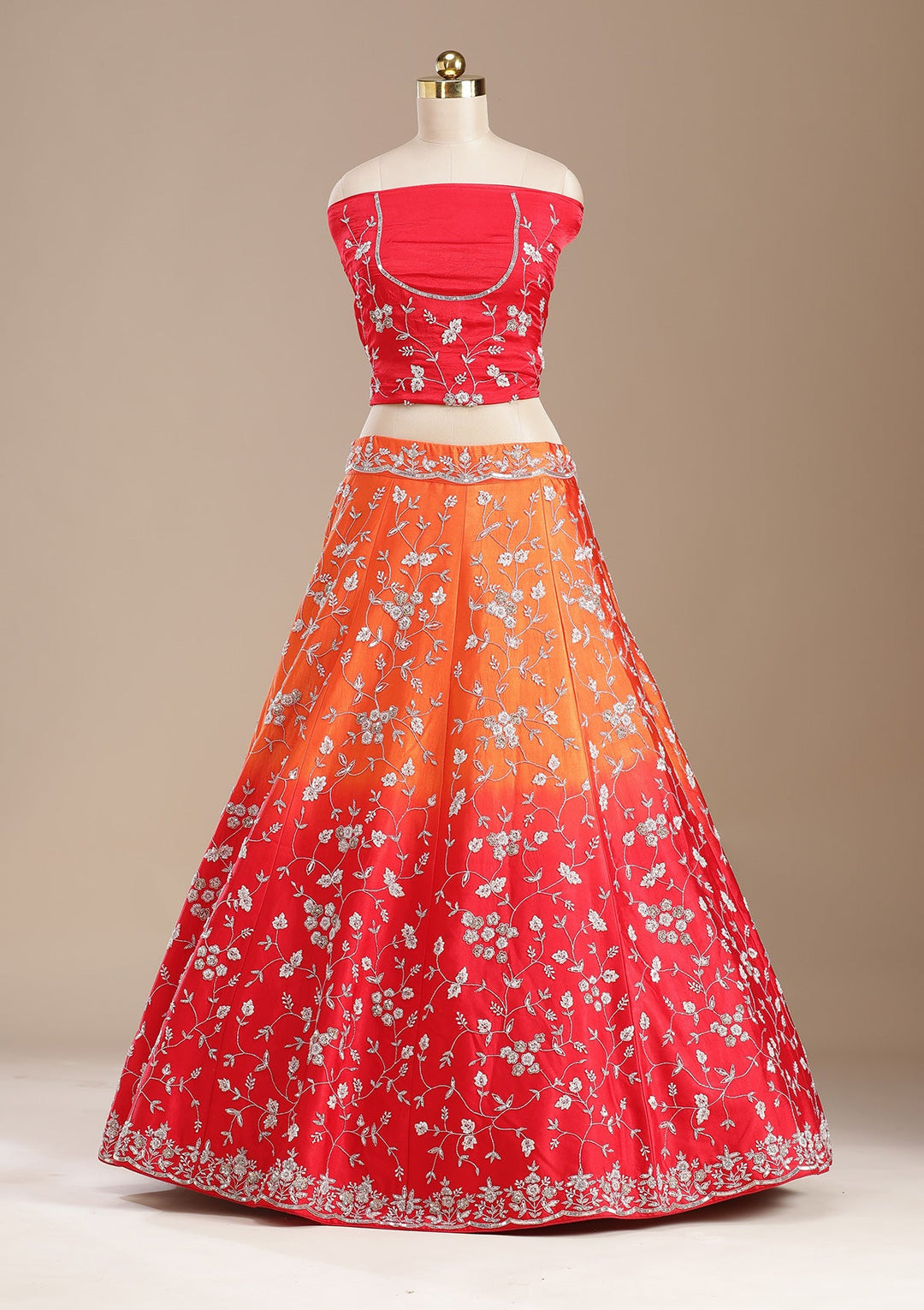 Red Aariwork Semi Crepe Semi-Stitched Lehenga