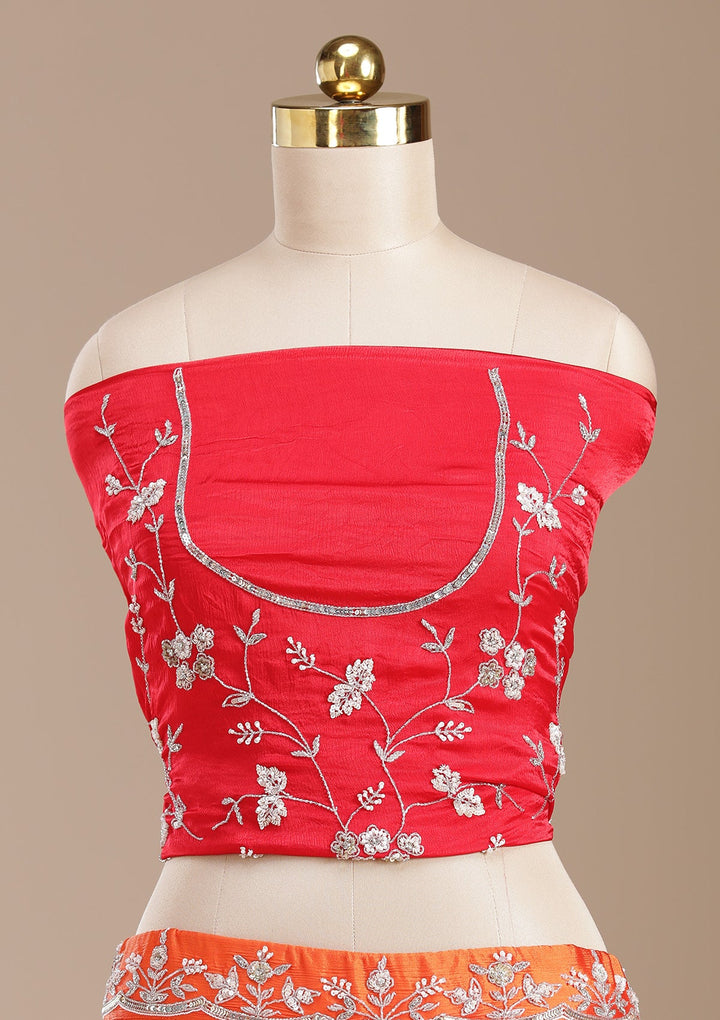 Red Aariwork Semi Crepe Semi-Stitched Lehenga
