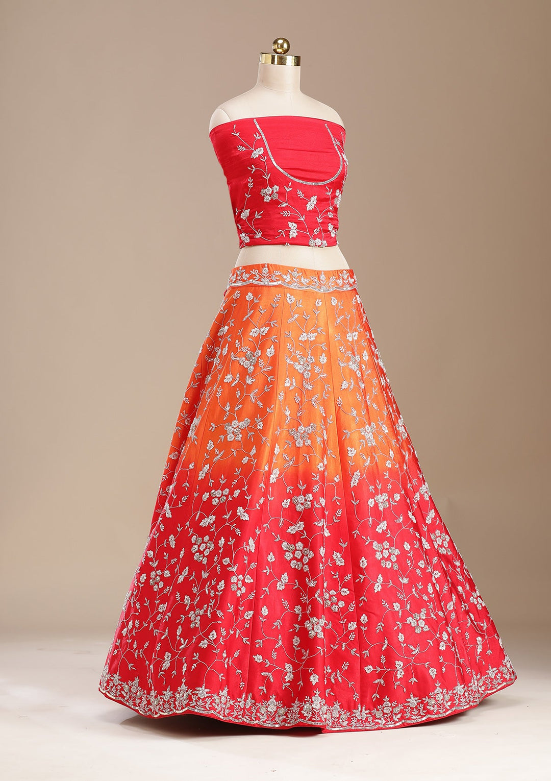 Red Aariwork Semi Crepe Readymade Lehenga-koskii