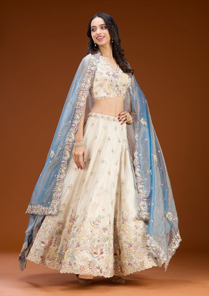 Cream Threadwork Tissue Readymade Lehenga