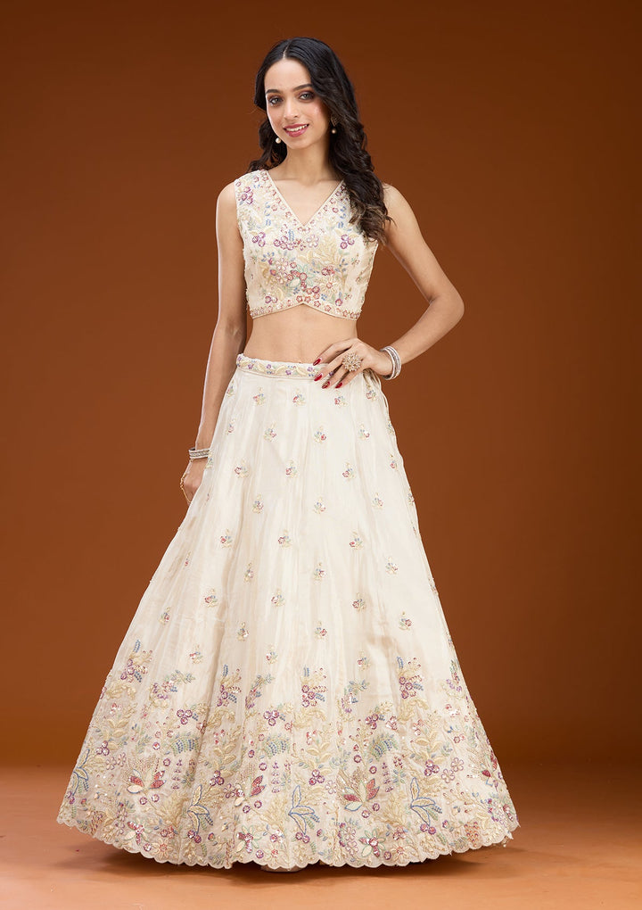 Cream Threadwork Tissue Readymade Lehenga