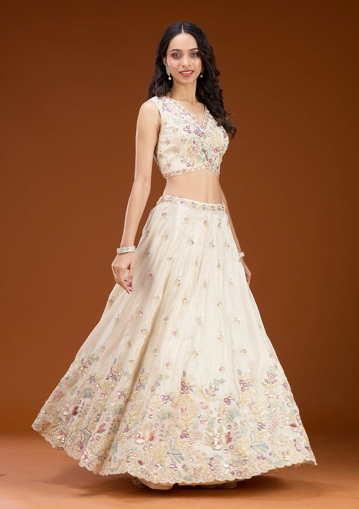 Cream Threadwork Tissue Readymade Lehenga