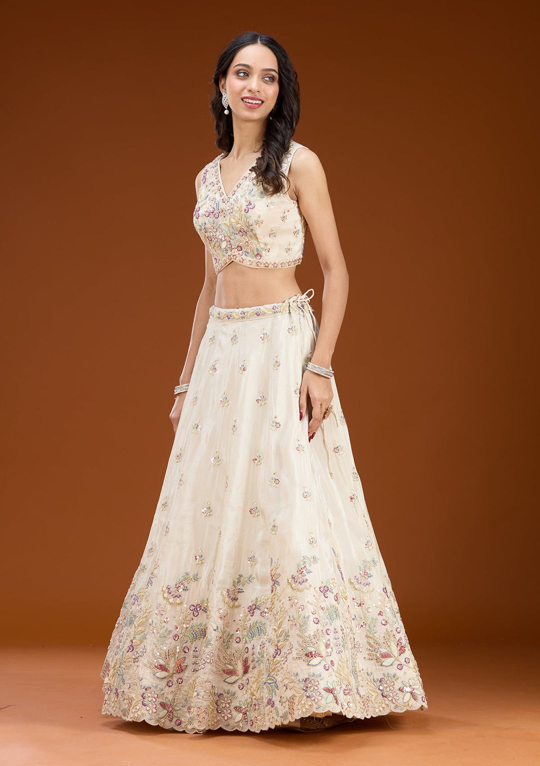 Cream Threadwork Tissue Readymade Lehenga