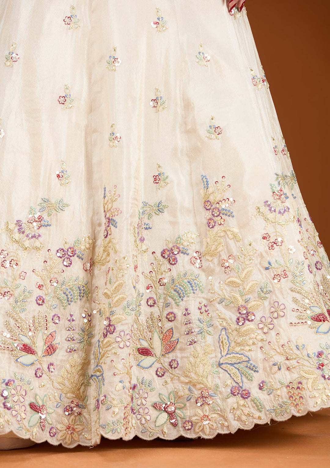 Cream Threadwork Tissue Readymade Lehenga