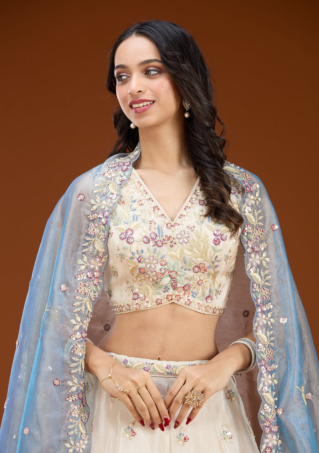 Cream Threadwork Tissue Readymade Lehenga
