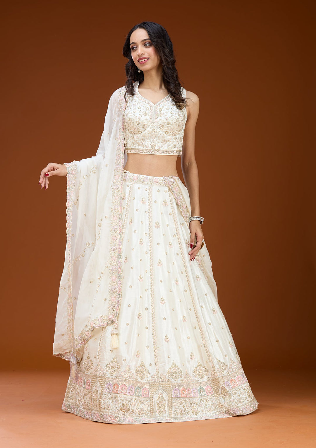 White Cutdana Soft Raw Silk Readymade Lehenga