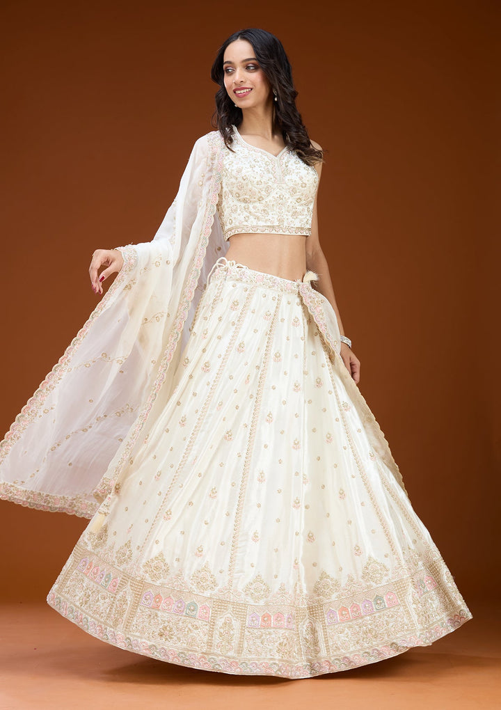 White Cutdana Soft Raw Silk Readymade Lehenga