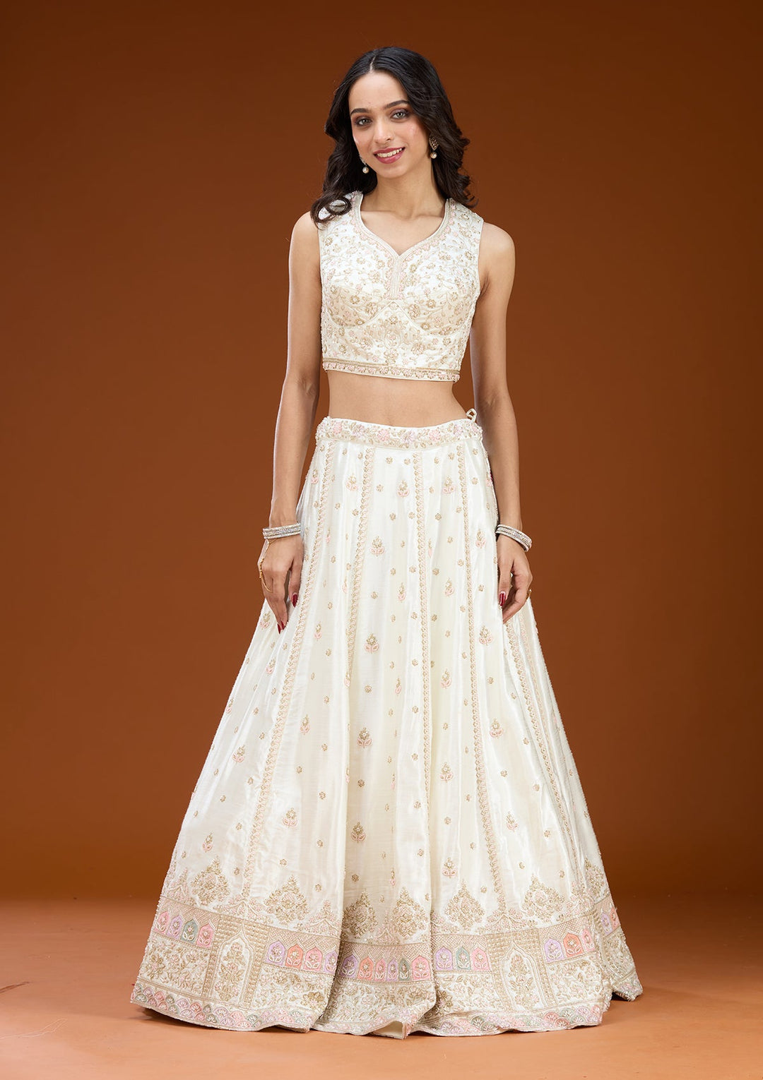 White Cutdana Soft Raw Silk Readymade Lehenga