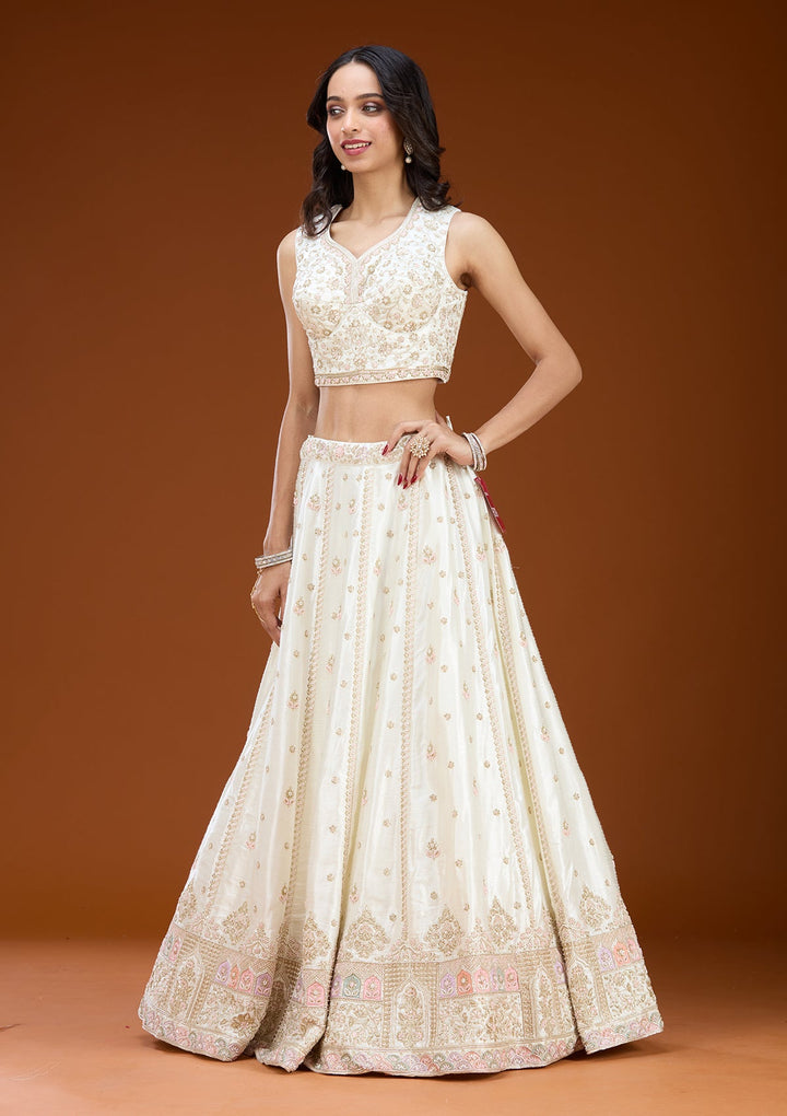 White Cutdana Soft Raw Silk Readymade Lehenga