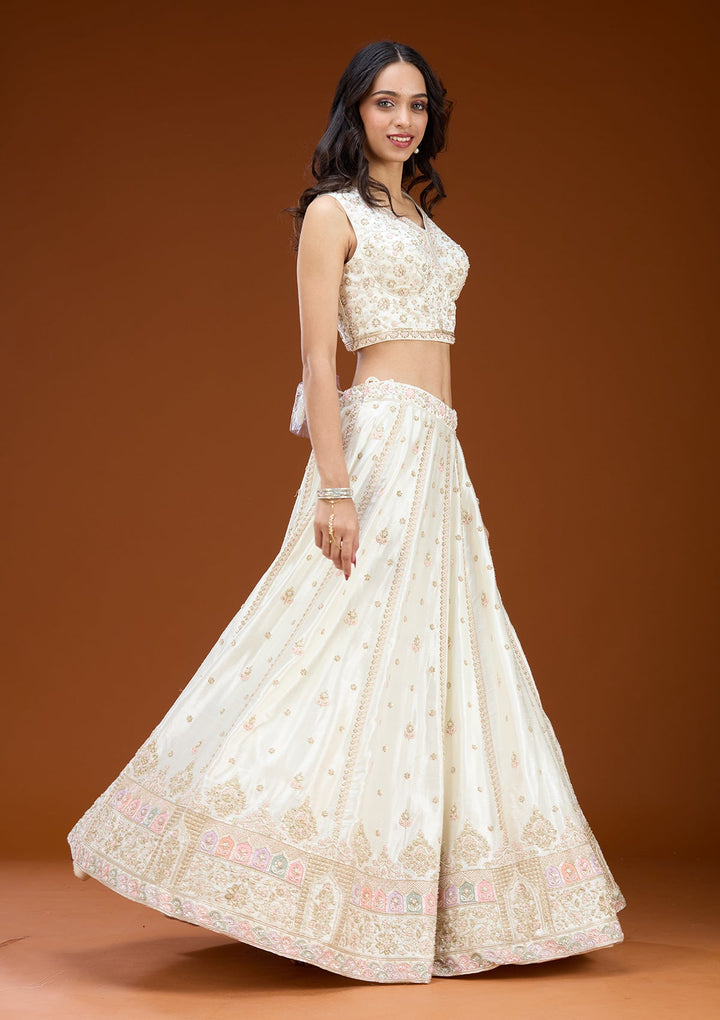 White Cutdana Soft Raw Silk Readymade Lehenga