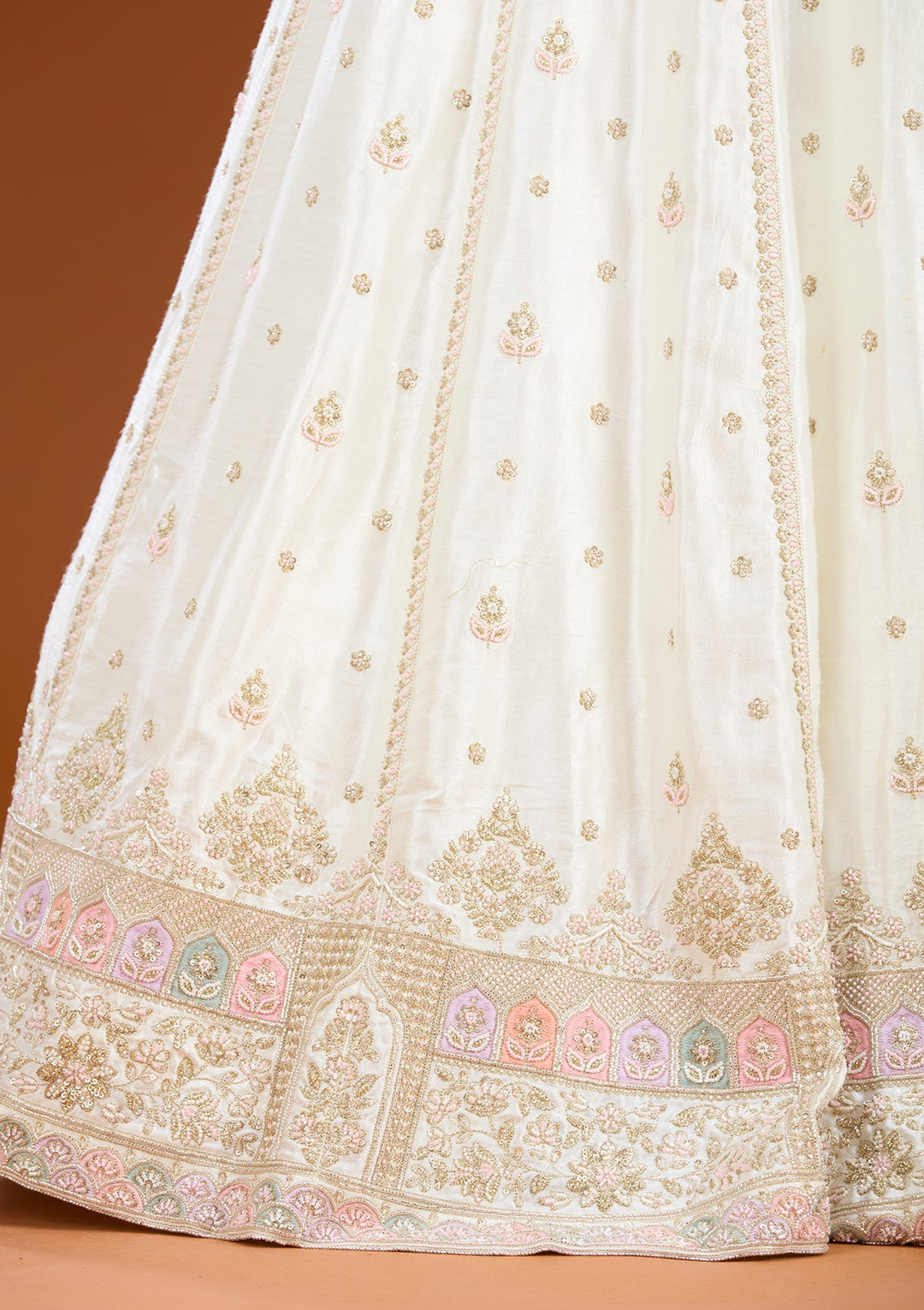 White Cutdana Soft Raw Silk Readymade Lehenga
