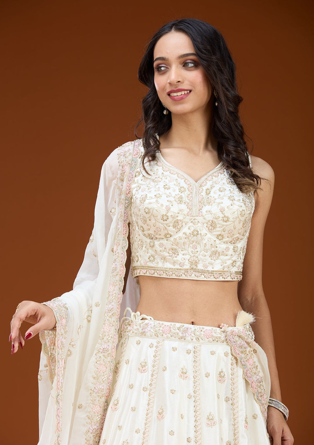White Cutdana Soft Raw Silk Readymade Lehenga