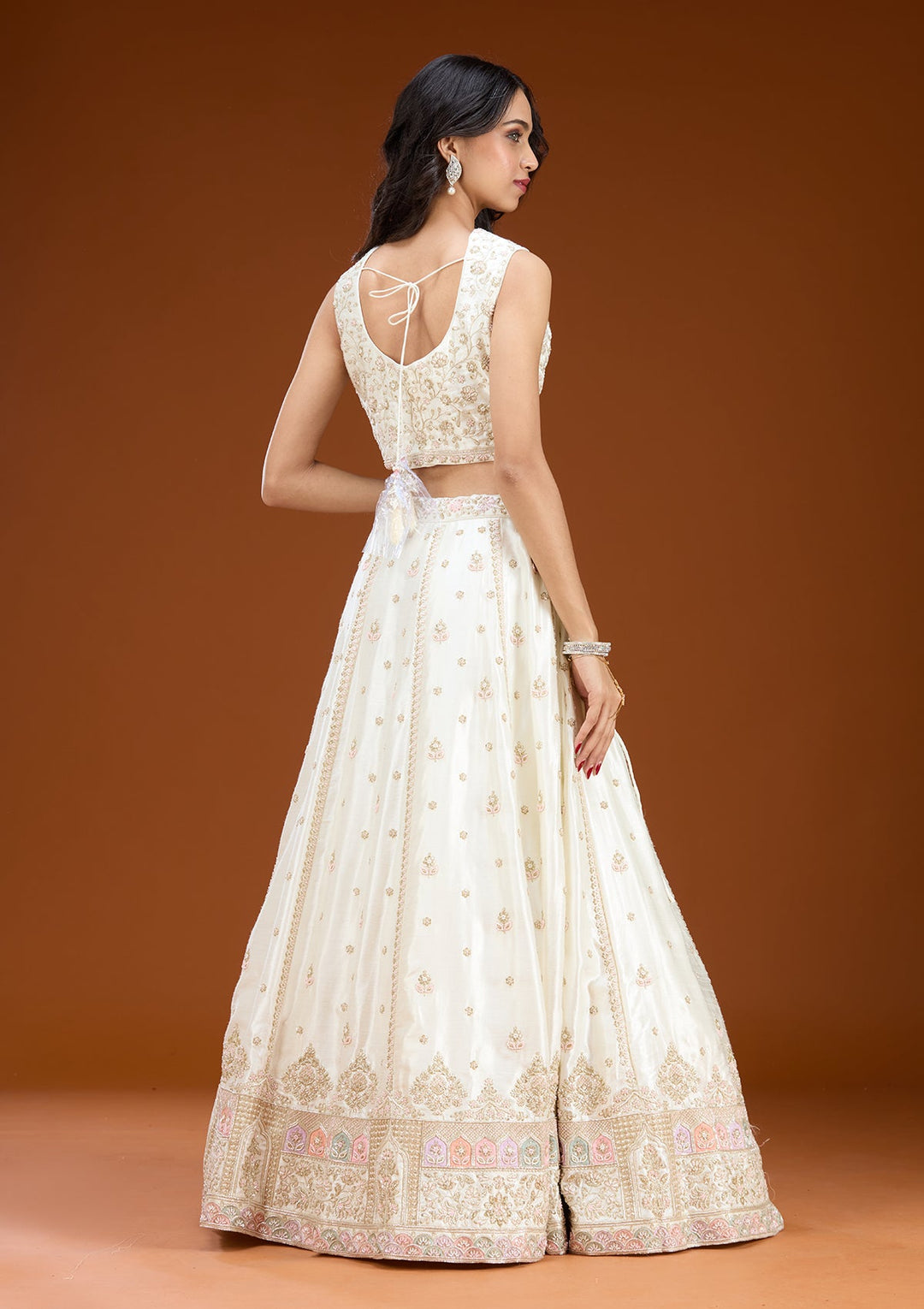 White Cutdana Soft Raw Silk Readymade Lehenga